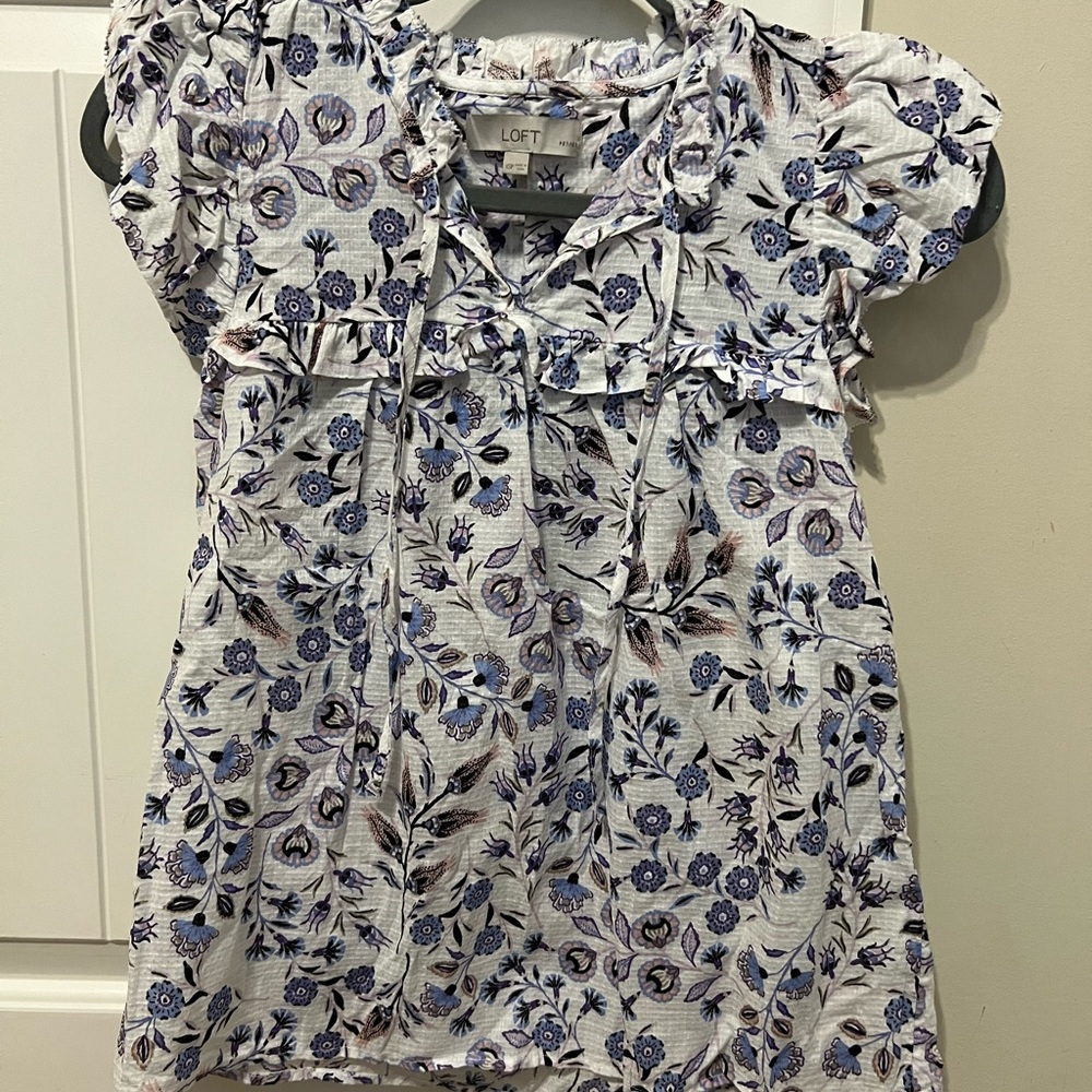 LOFT Floral Ruffle Blouse - Blue and White
